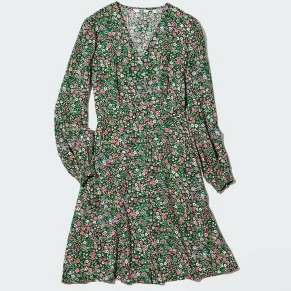 Printed V-Neck Long-Sleeve Flare Mini Dress 12 Pink (& Green) - NWT!!